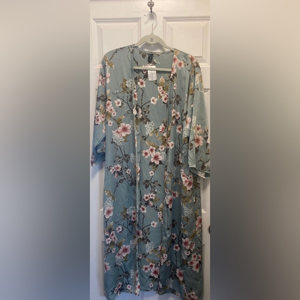 Floral Satin Kimono Robe in Dusty Blue with Pink Blossoms